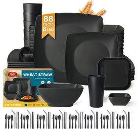 Teivio 88-piece square dinnerware set dining plates, durable and dishwasher-safe for everyday meals.