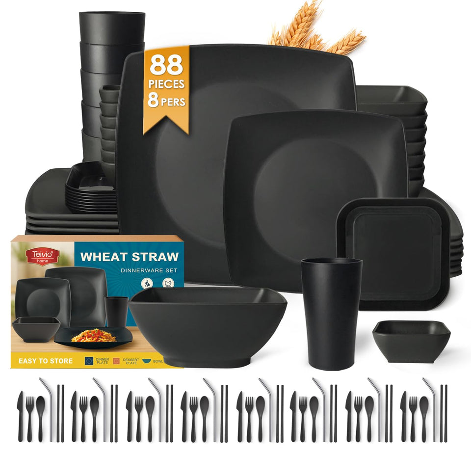 Teivio 88-piece square dinnerware set dining plates, durable and dishwasher-safe for everyday meals.