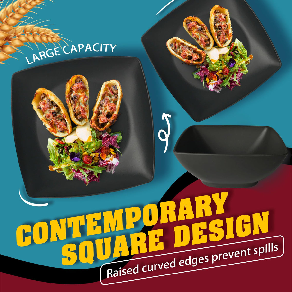 Teivio 88-piece square dinnerware set tumblers, spill-resistant and suitable for outdoor use.