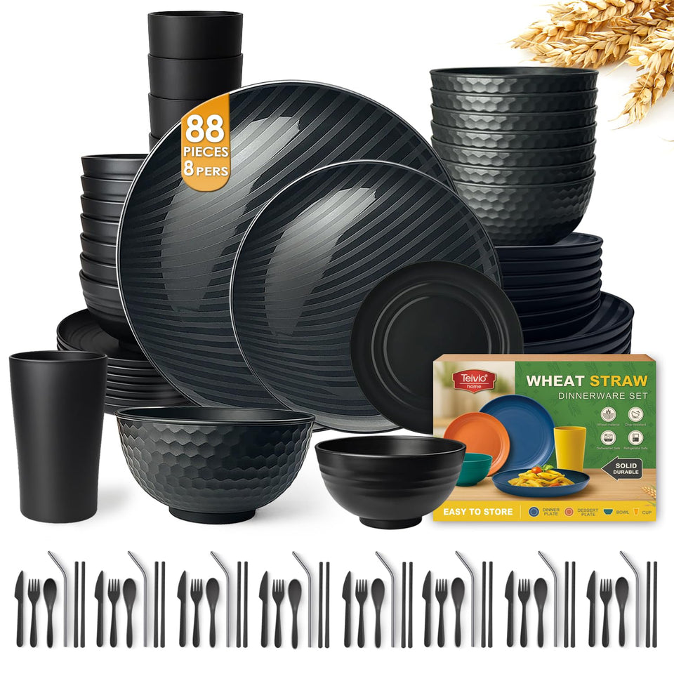Teivio 88-piece wheat straw dinner plates for durable family meals