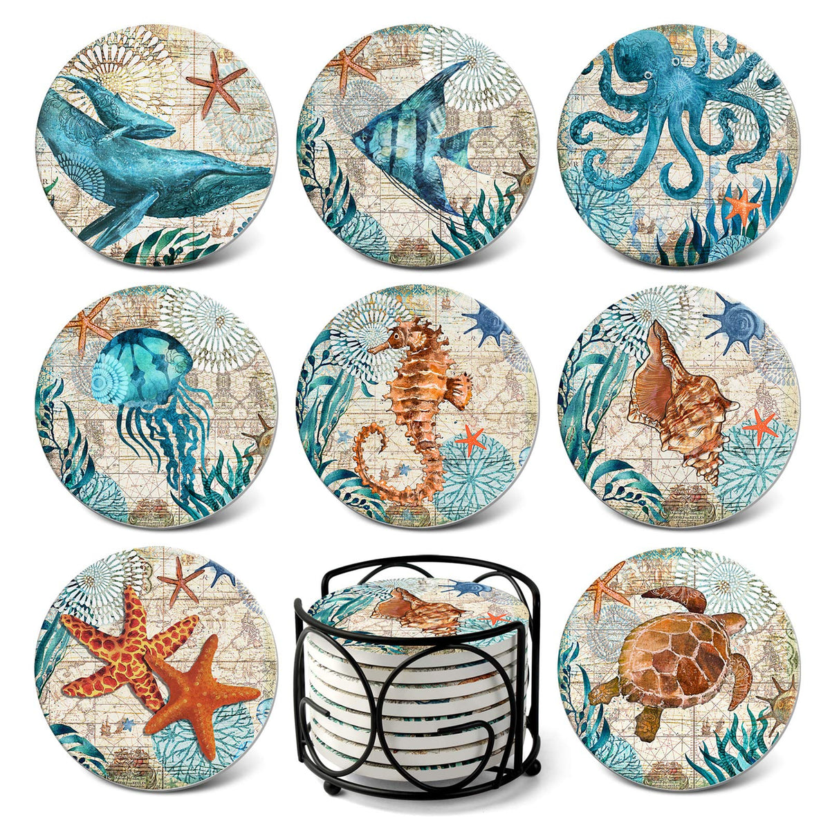 Teivio absorbing stone coaster with sea life pattern for dry, protected surfaces.