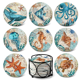 Teivio absorbing stone coaster with sea life pattern for dry, protected surfaces.