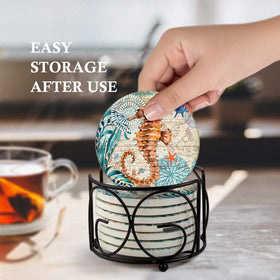Teivio coaster holder in black iron neatly organizes eight coasters.