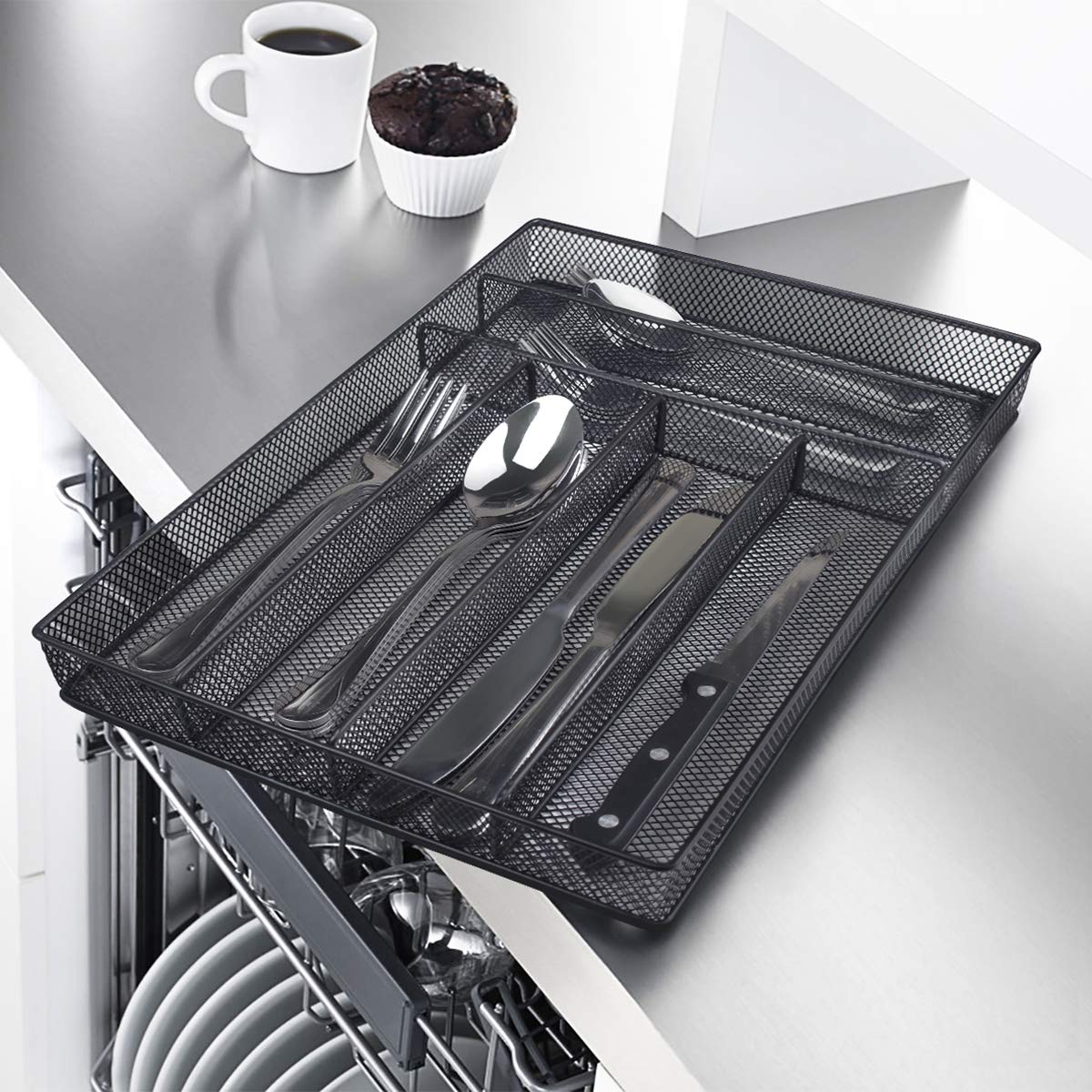 Teivio wire mesh storage tray highlights practical, space-saving design.
