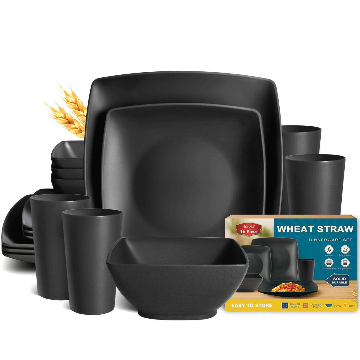 Teivio square dinner plates in sleek black, durable and easy to stack.