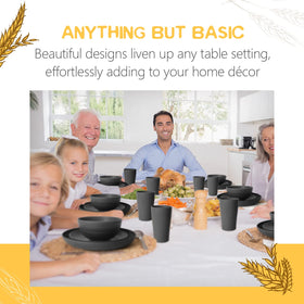 Teivio stackable dishware in black, saves space after meals or trips.