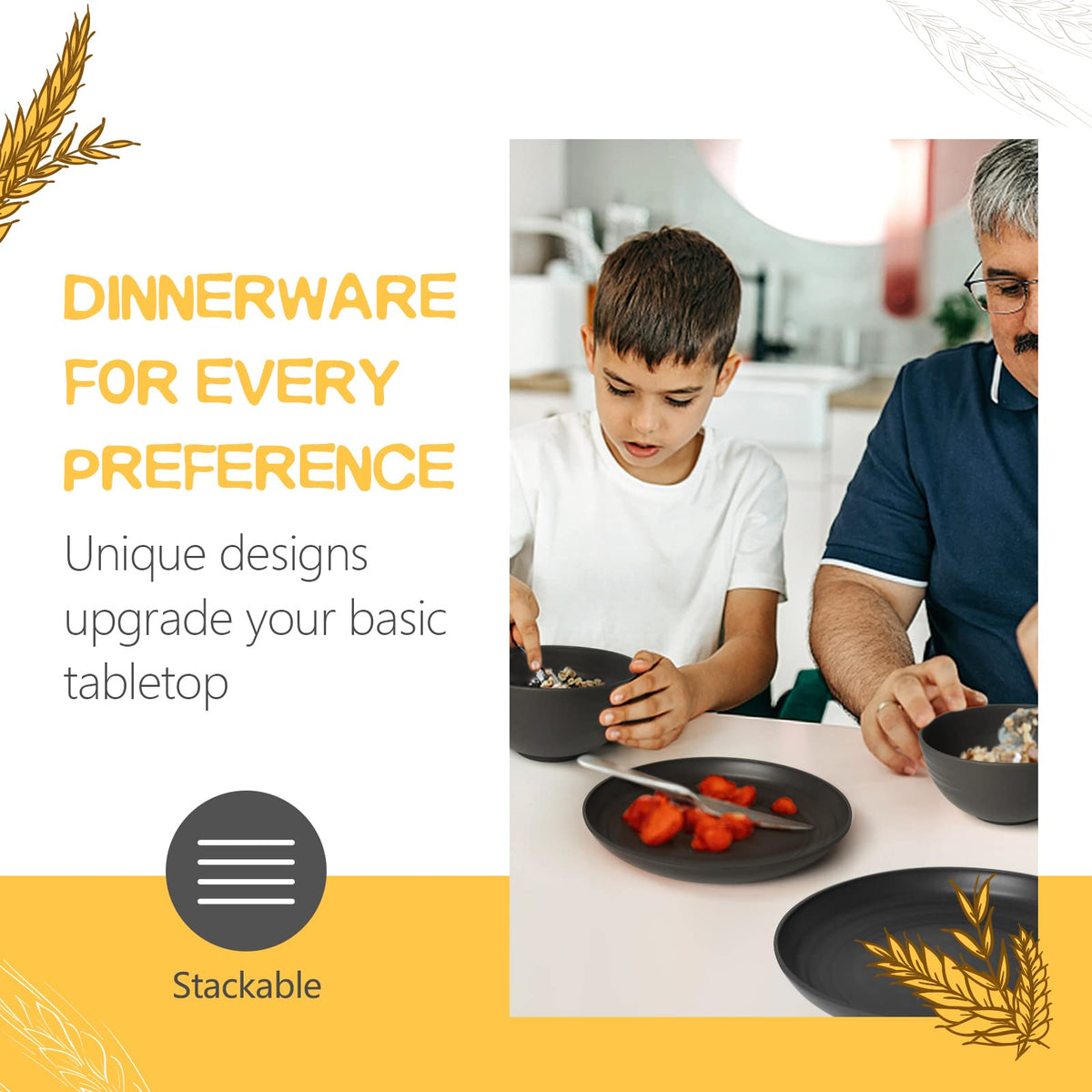 Teivio wheat straw cereal bowls in black, sturdy and dishwasher-safe