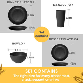 Teivio wheat straw dinner plates in black, lightweight and durable for everyday meals.