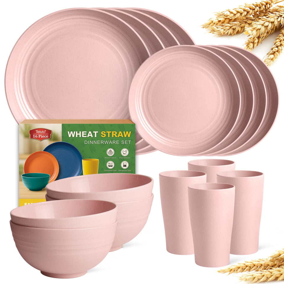 Teivio pink wheat straw dinnerware set close-up, durable and lightweight for daily meals.