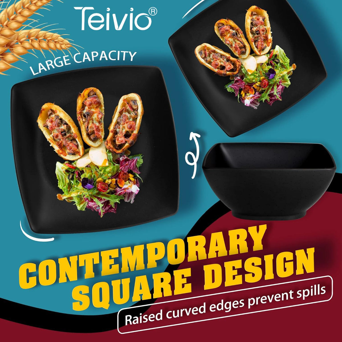 Teivio square flatware set complements the 32-piece collection for quick meals.