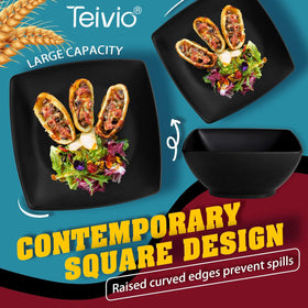 Teivio square flatware set complements the 32-piece collection for quick meals.