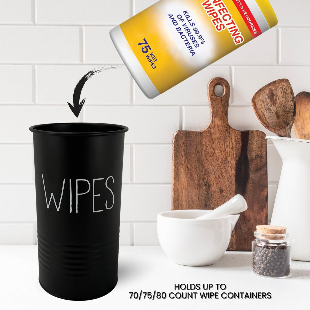 TEKHEUTEN wipe holder on countertop supports quick cleanup throughout rooms.