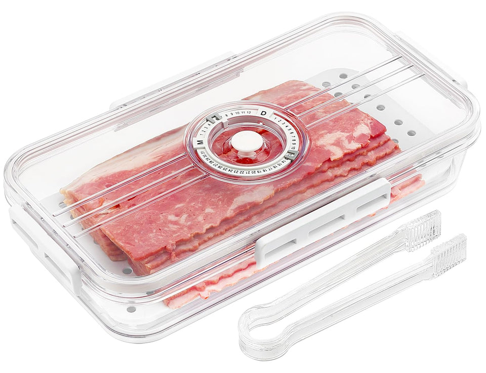 Tellshun bacon storage container with air-sealed lid in a fridge scene for fresher slices