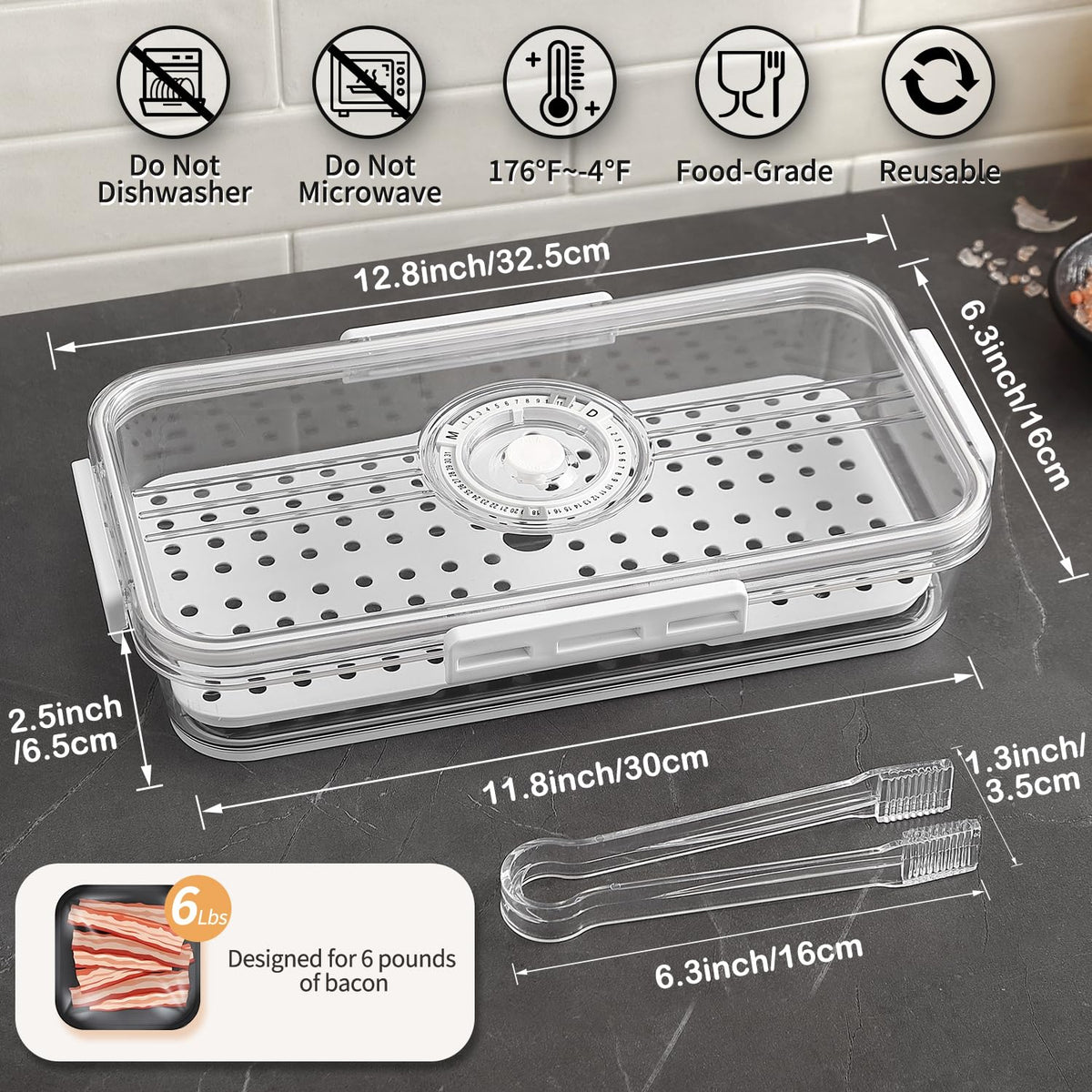 Tellshun bacon storage container showing date-setting lid for freshness tracking