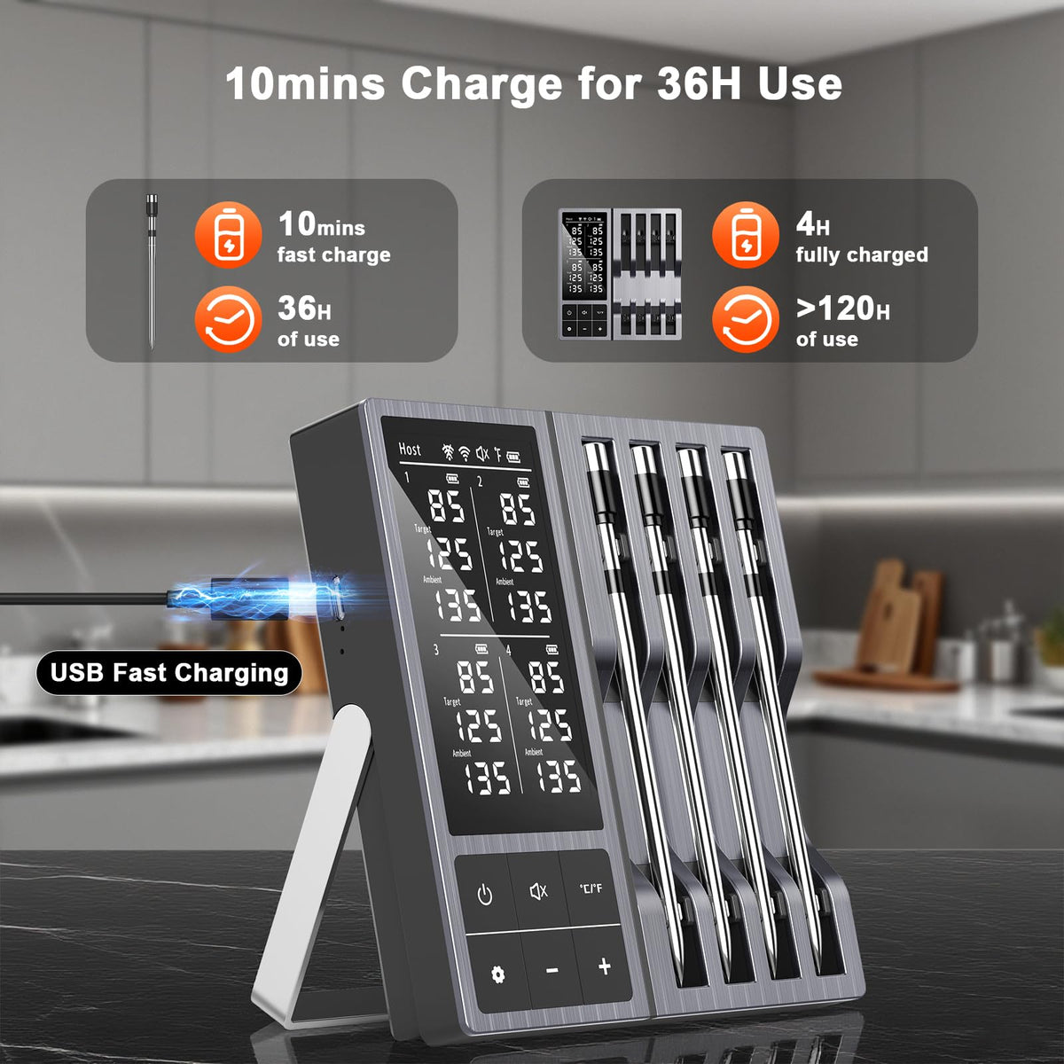TEMMIO 0.19-inch precision probes track meat and ambient temps.