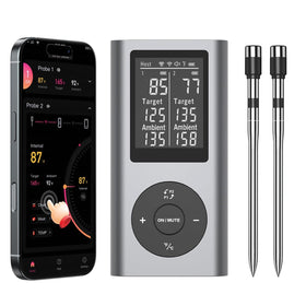 TEMMIO wireless meat thermometer with two probes provides precise dual readings for even cooking.