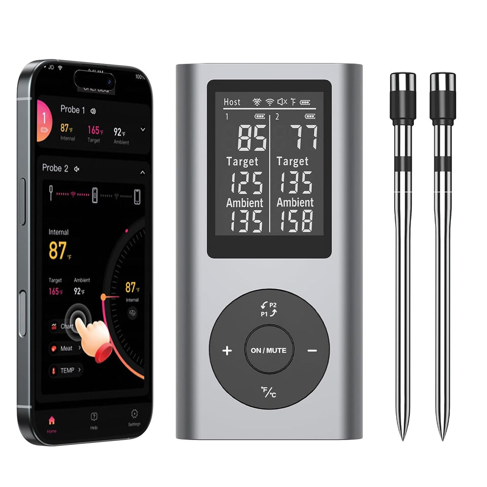 TEMMIO wireless meat thermometer with two probes provides precise dual readings for even cooking.