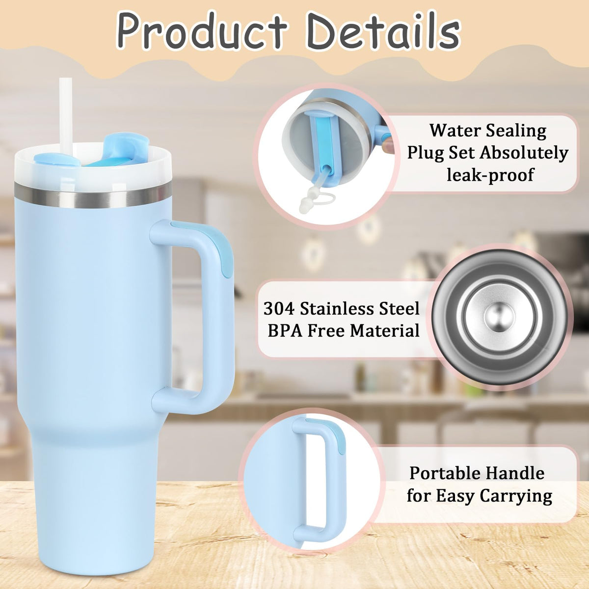 Tem Honolulu 40oz sky-blue tumbler with handle for cold beverages on the move.