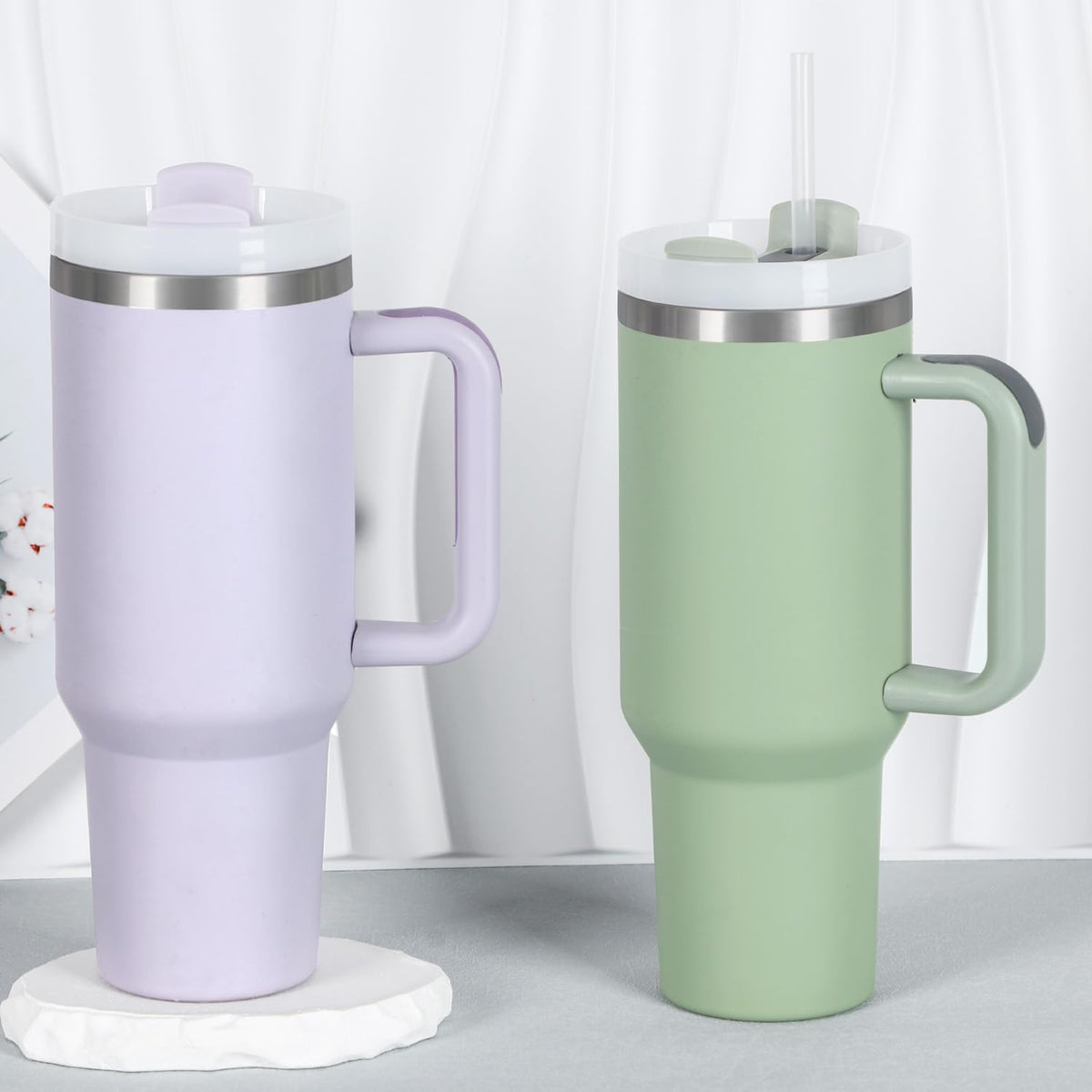 Temolulu 40oz tumbler in purple with handle, daily coffee or smoothie companion.