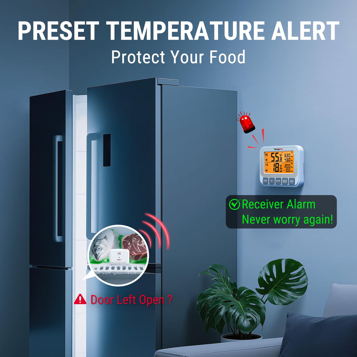 TempPro alarm with visual and audio alerts for temperature safety.