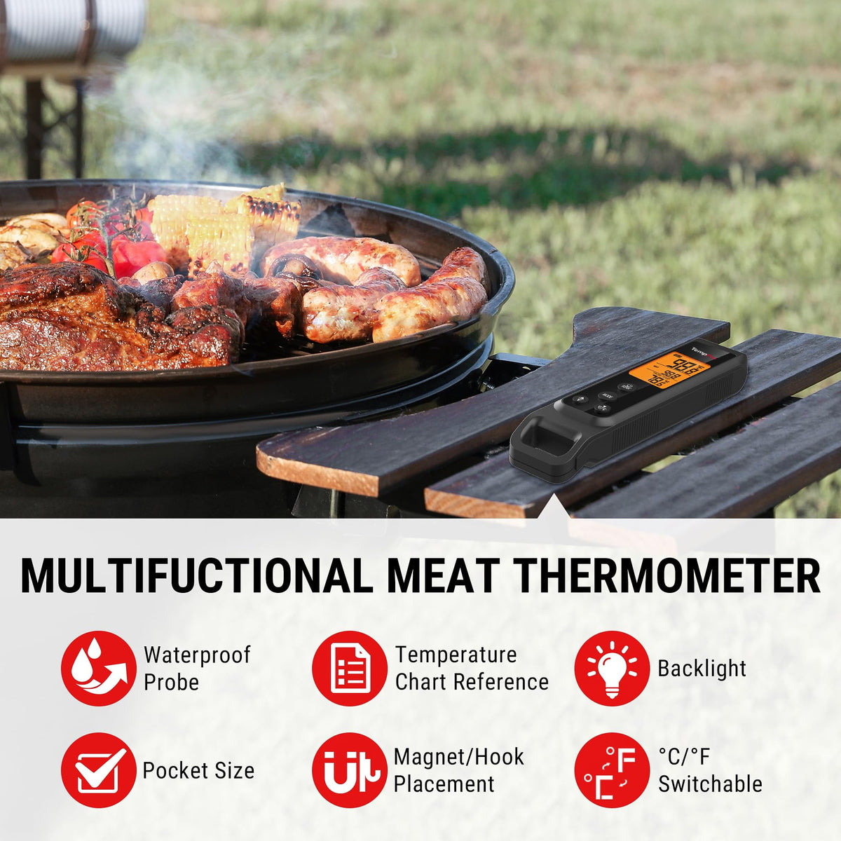 TempPro backlit display enables easy readings in dim kitchens.