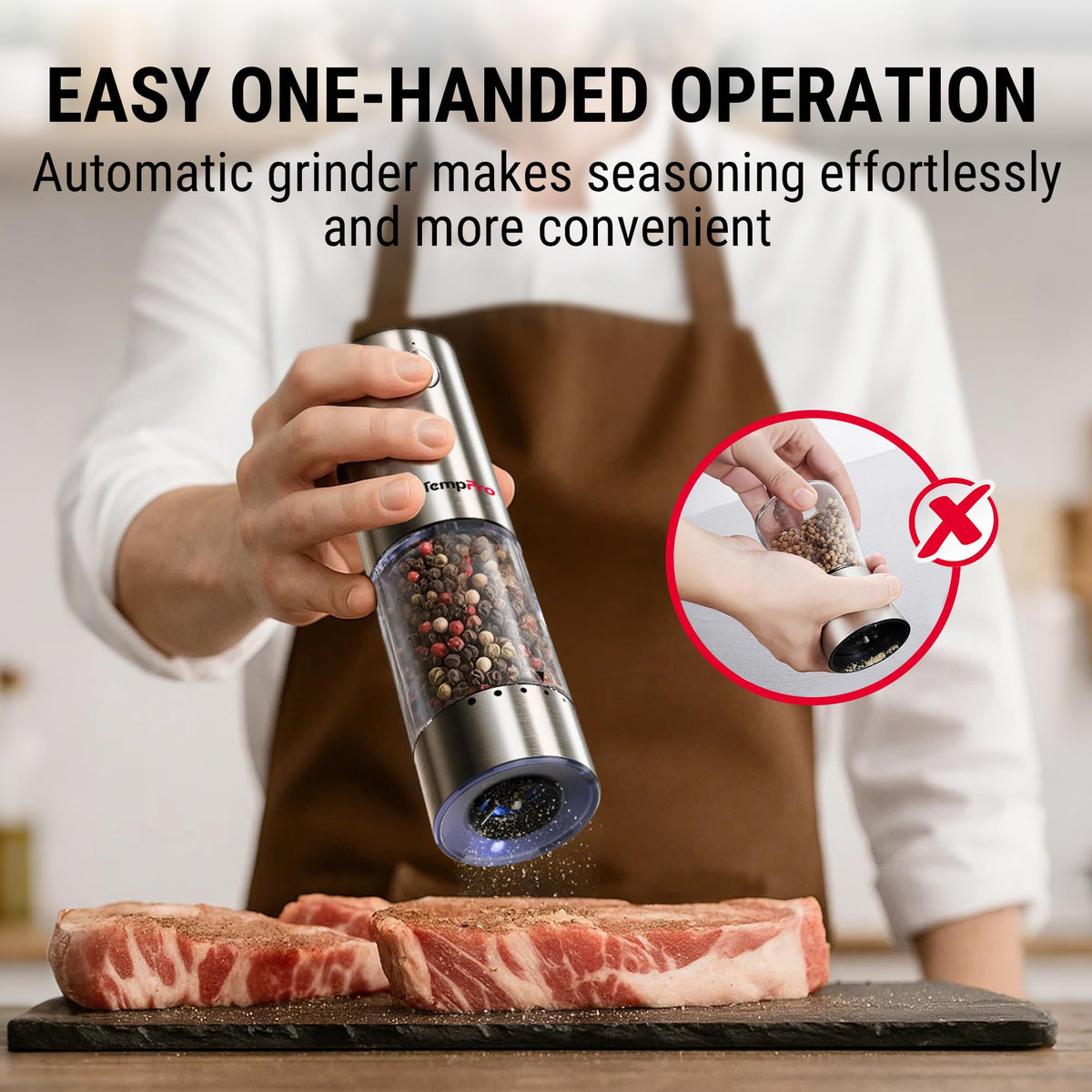 TempPro external adjustment dial enables precise grind control without mess.