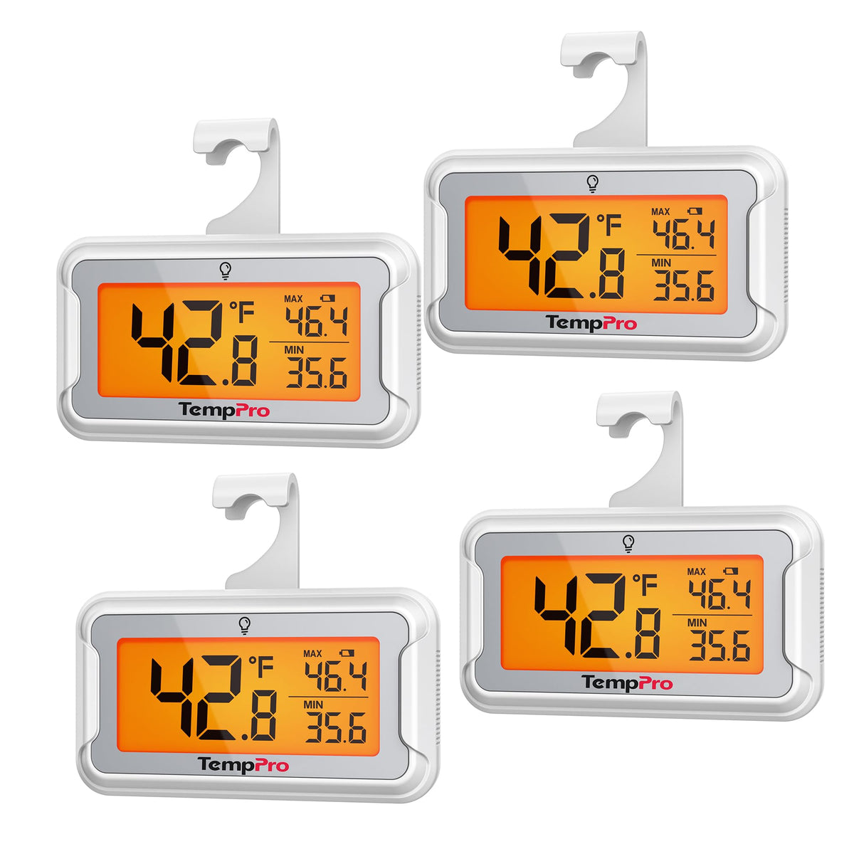 TempPro fridge thermometer with backlit display for easy reading in dark fridges.