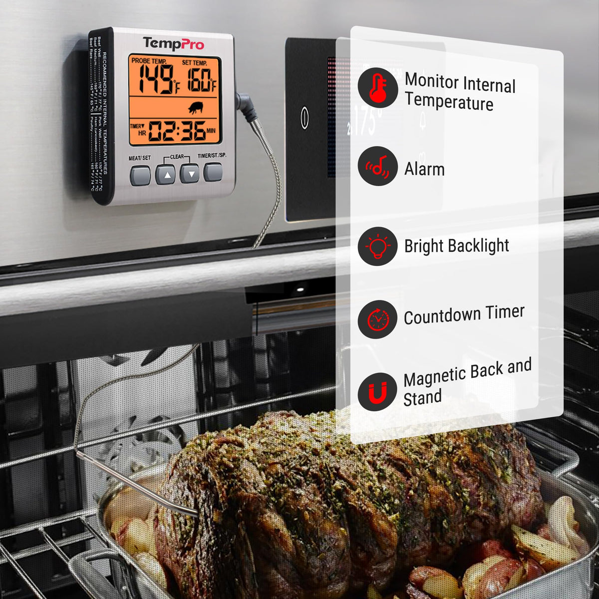 TempPro large LCD display with timer supports long cooks.