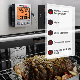 TempPro large LCD display with timer supports long cooks.