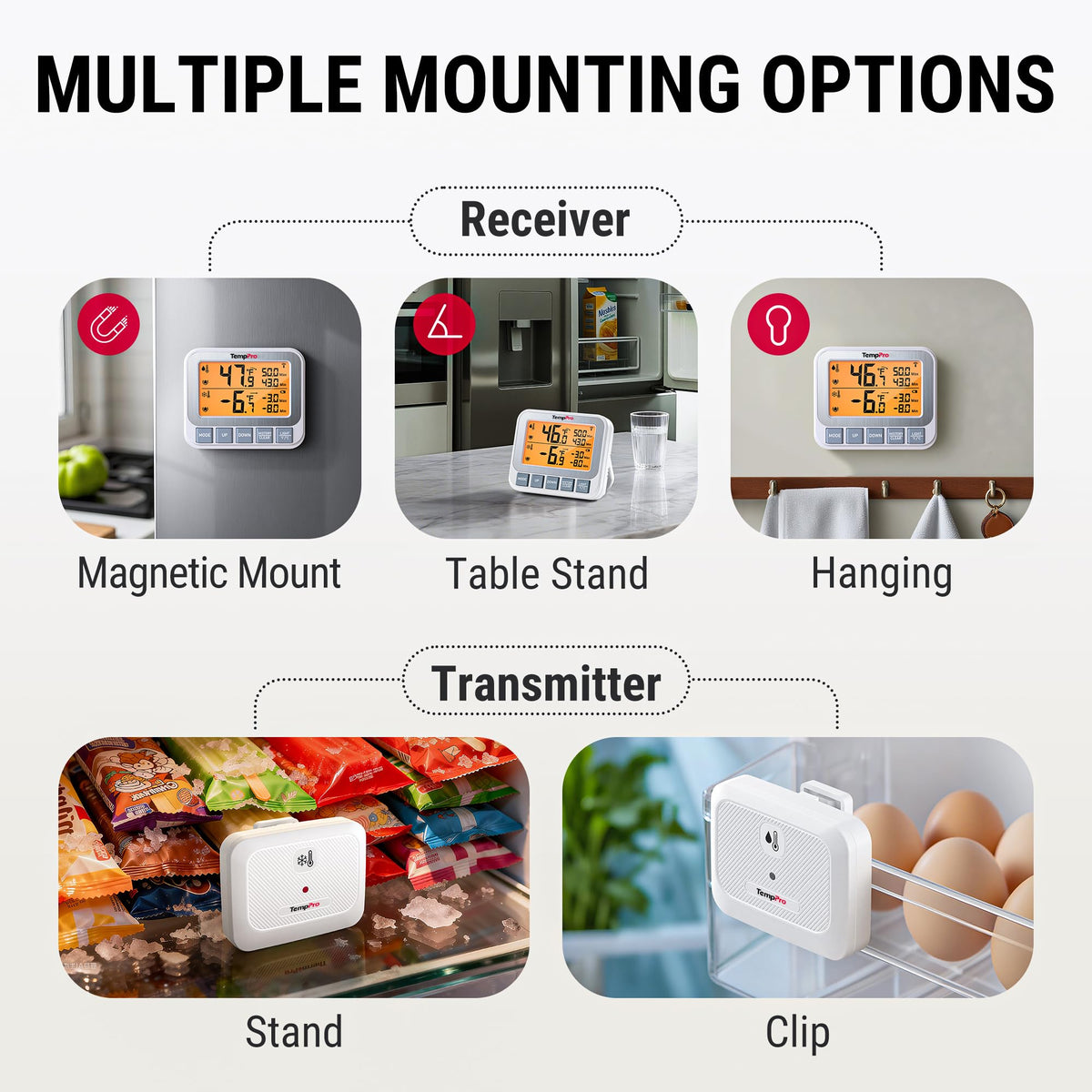 TempPro flexible placement options show wire-free setup for any fridge.