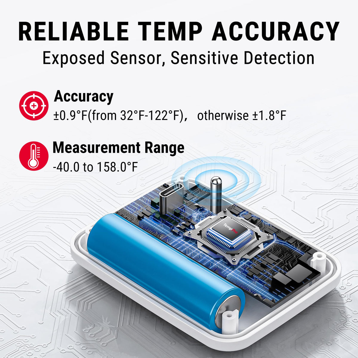 TempPro range diagram highlights up to 500 ft for flexible monitoring.