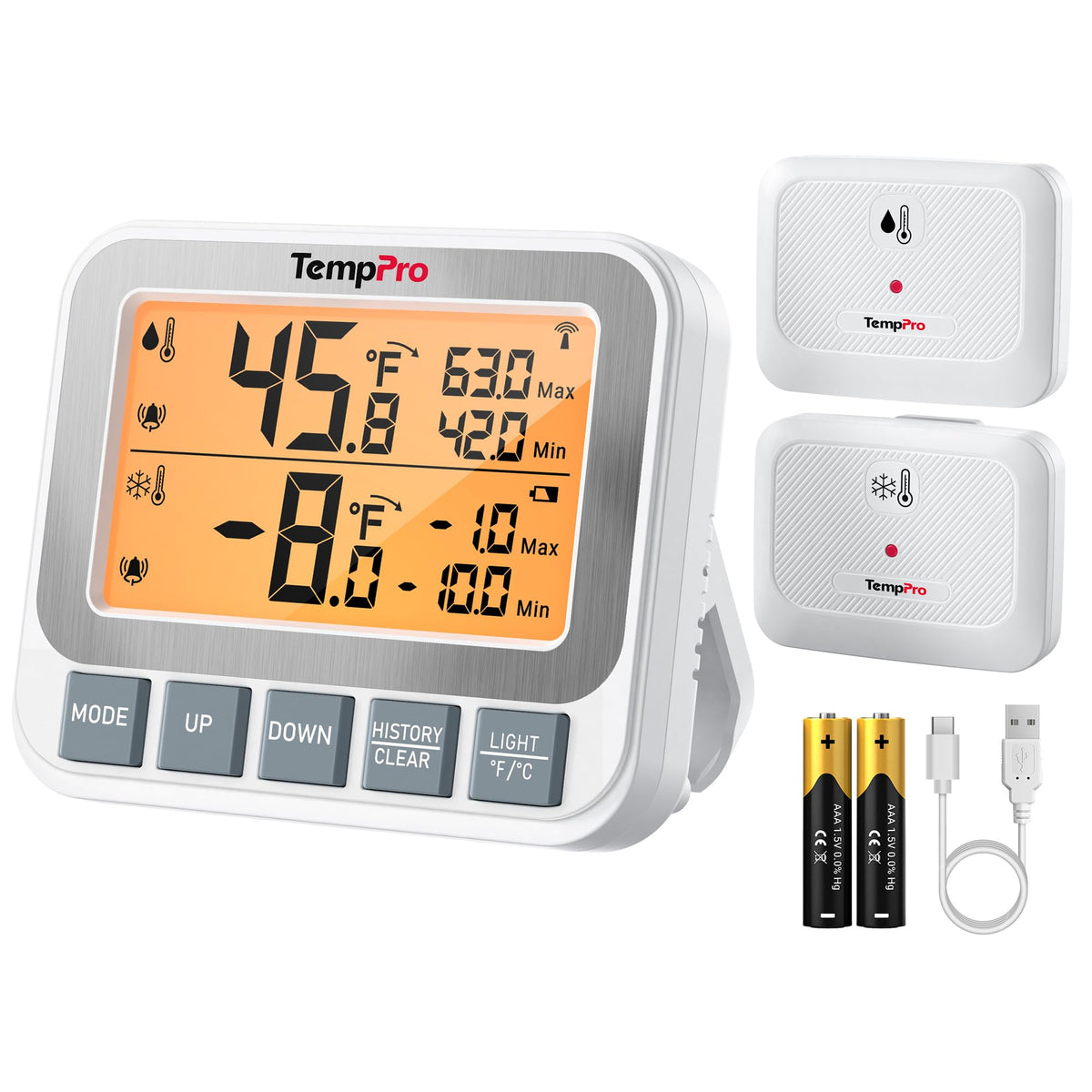 TempPro receiver display shows clear fridge readings for quick checks.