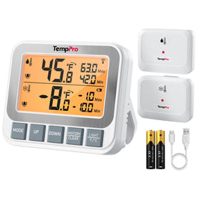 TempPro receiver display shows clear fridge readings for quick checks.