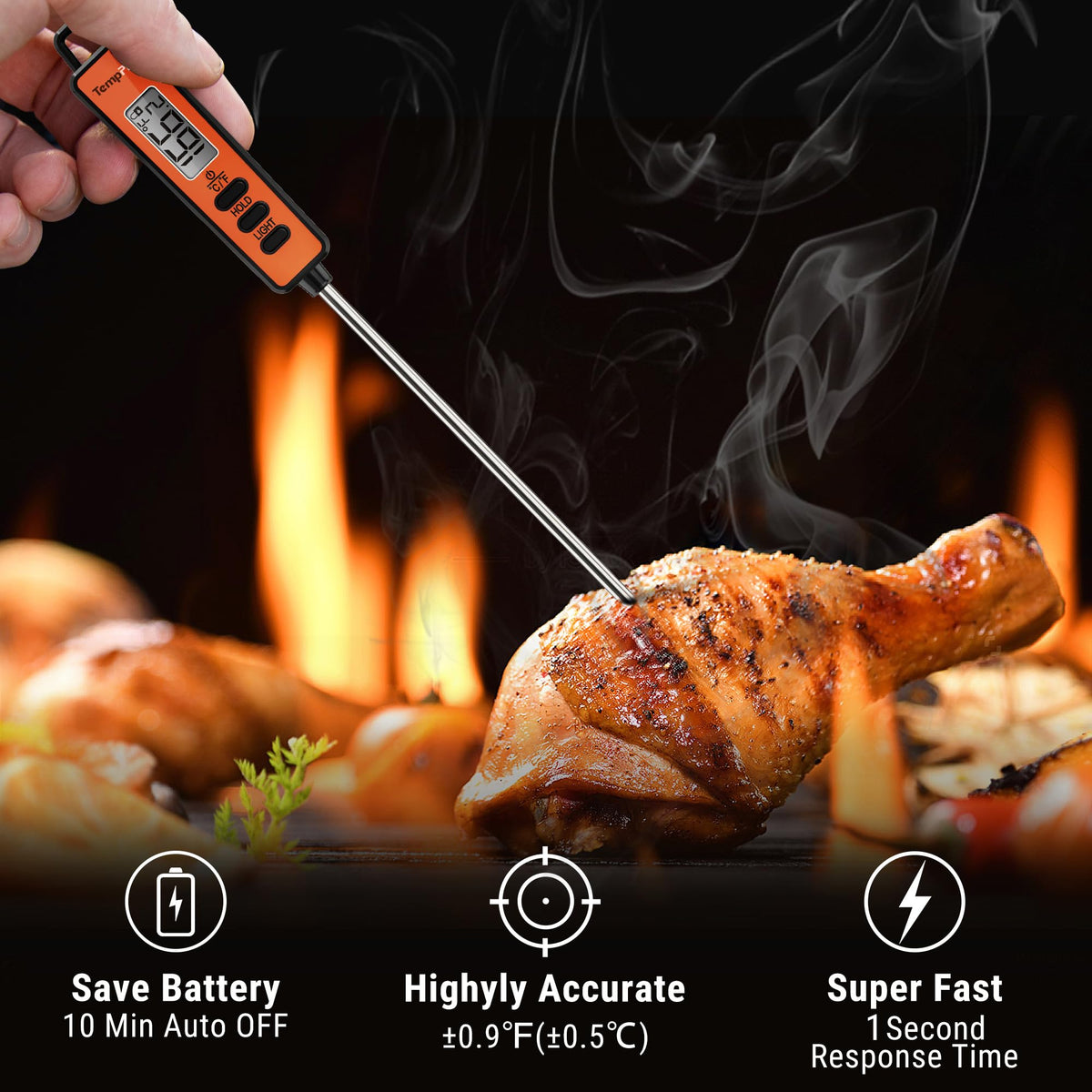TempPro TP01A backlit display for visible readings anytime.