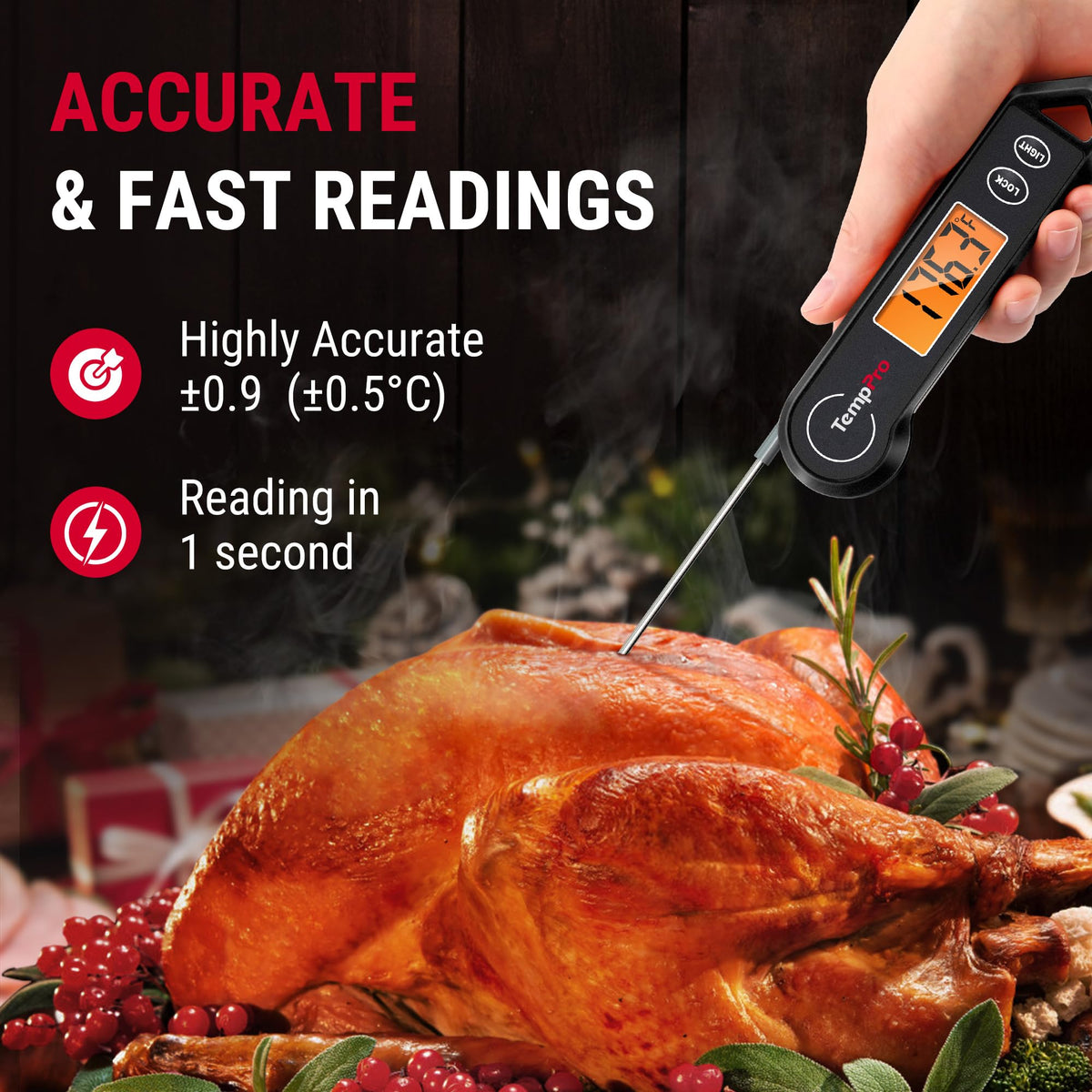 TempPro TP19H backlit display aids visibility in dim kitchens.