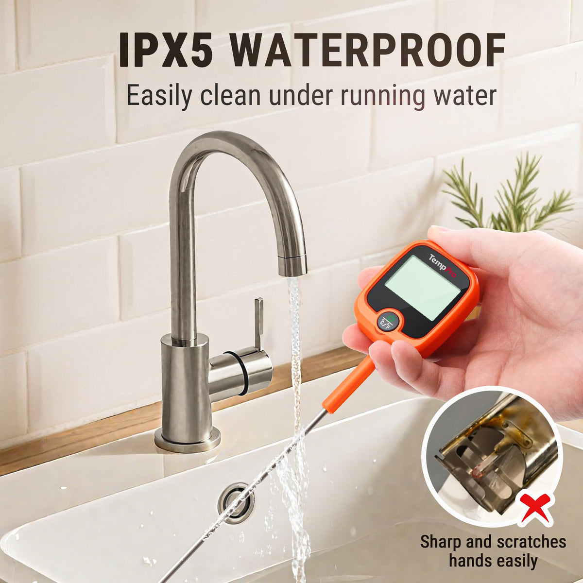 TempPro TP509 IPX5 waterproof design for quick cleanups