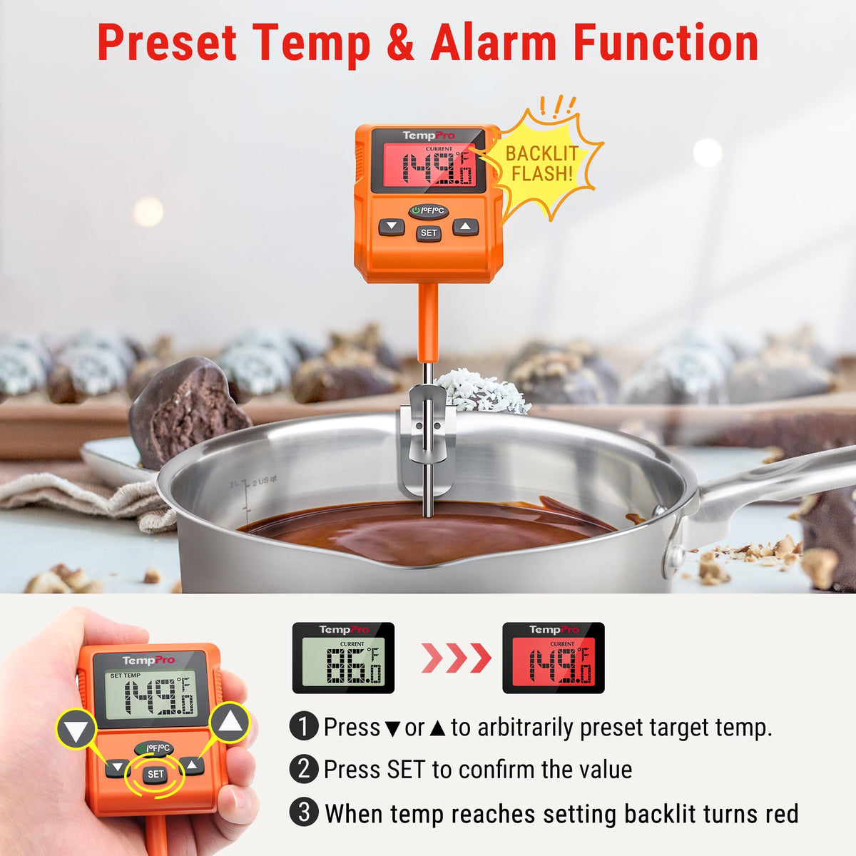 TempPro TP511 pan clip securely holds the thermometer during frying