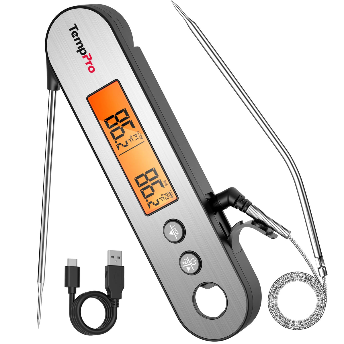 TempPro TP610 dual-display thermometer showing two readings for simultaneous cooking control.