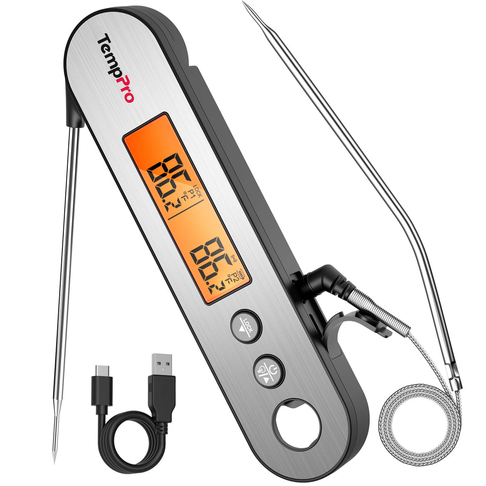 TempPro TP610 dual-display thermometer showing two readings for simultaneous cooking control.