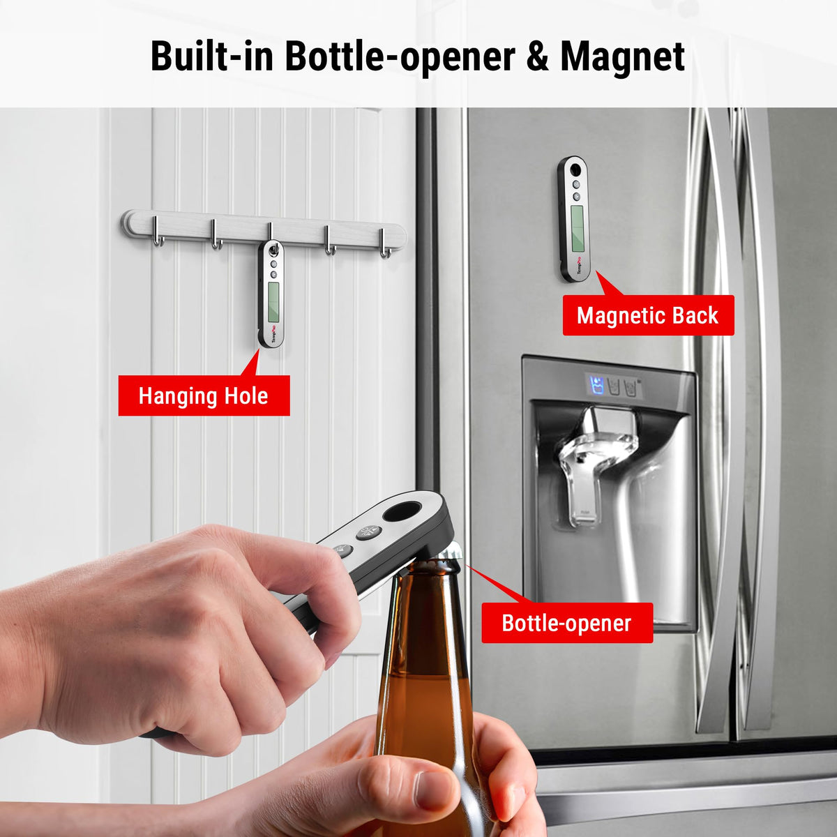 TempPro TP610 built-in magnet keeping the thermometer ready on a metal surface.