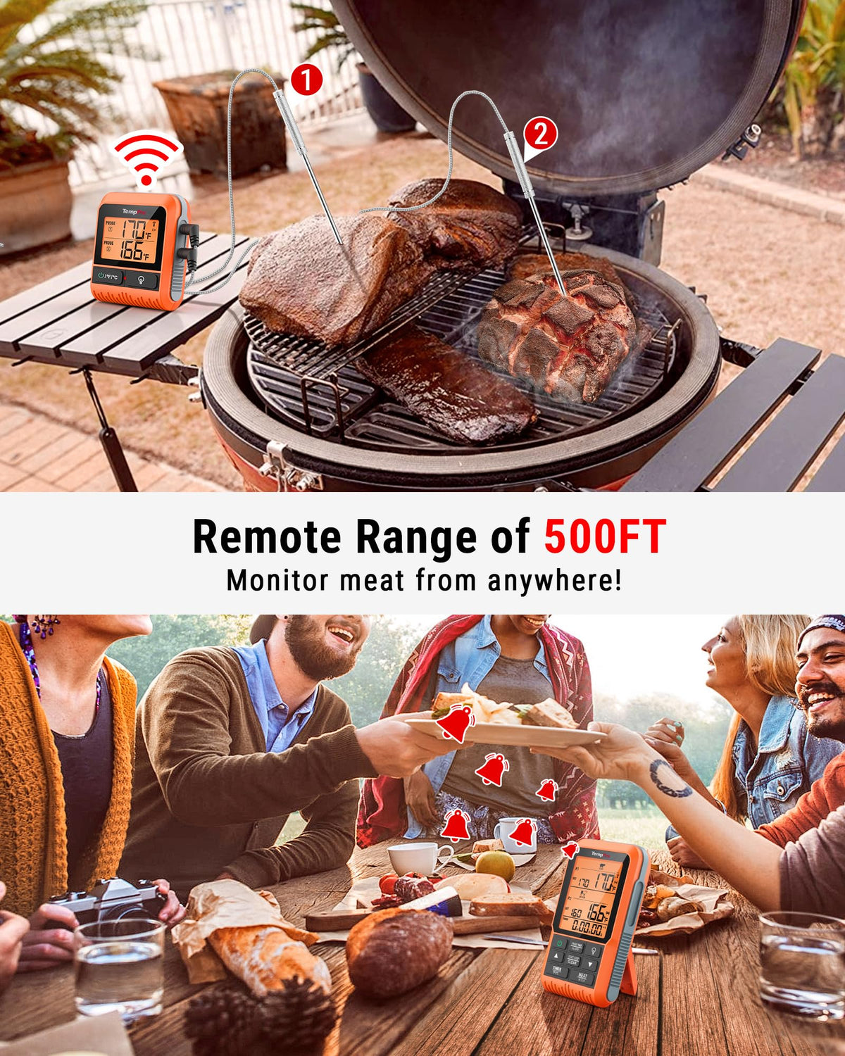 TempPro TP826 dual probes enable precise meat and ambient temperature tracking.