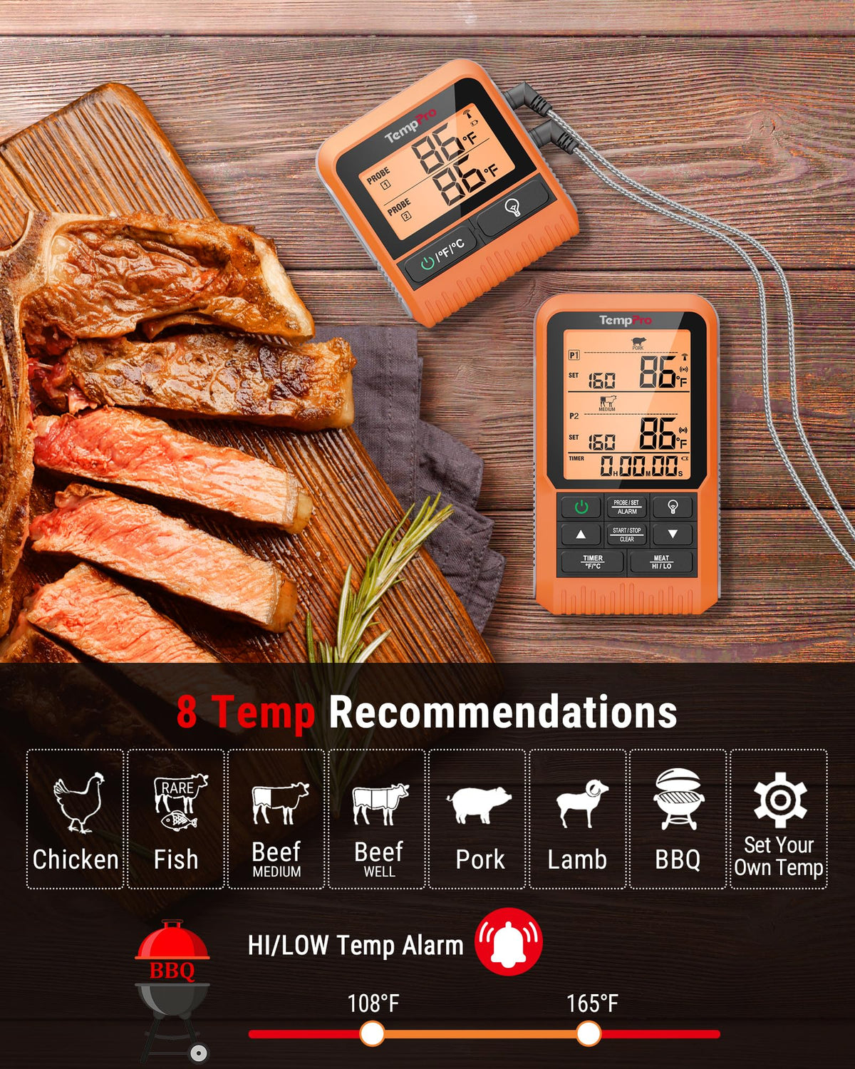 TempPro TP826 alerts notify you when targets are reached during cooking.