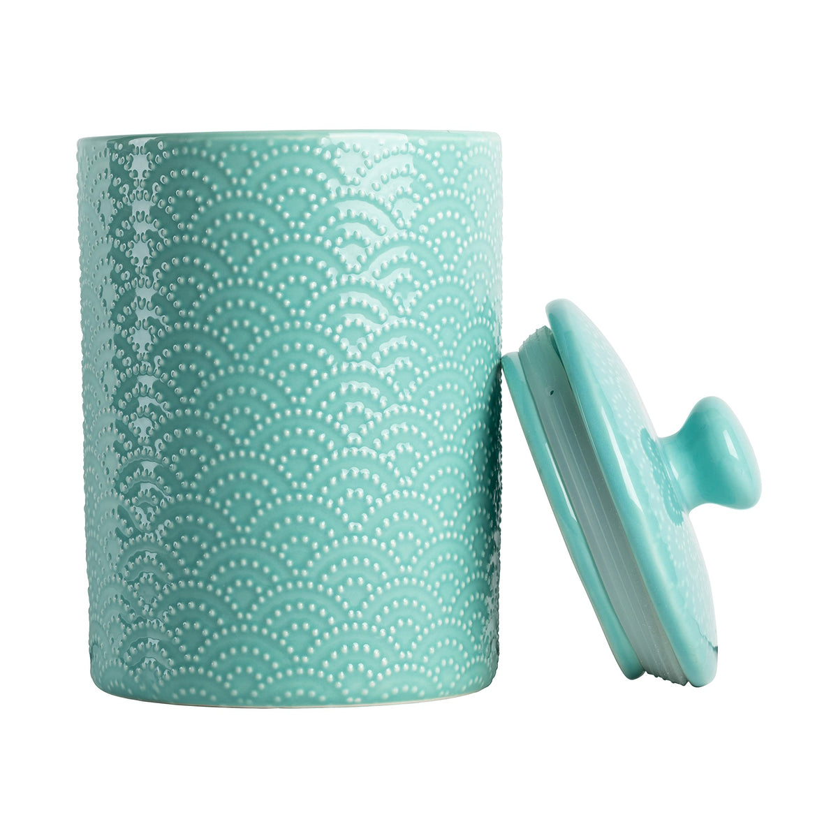 Ten Strawberry Street embossed ceramic large canister in Tide Blue holds coffee beans with coastal style.