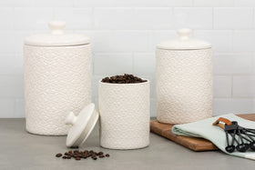 10 Strawberry Street medium embossed canister shows Hampton White texture for organized aesthetics.