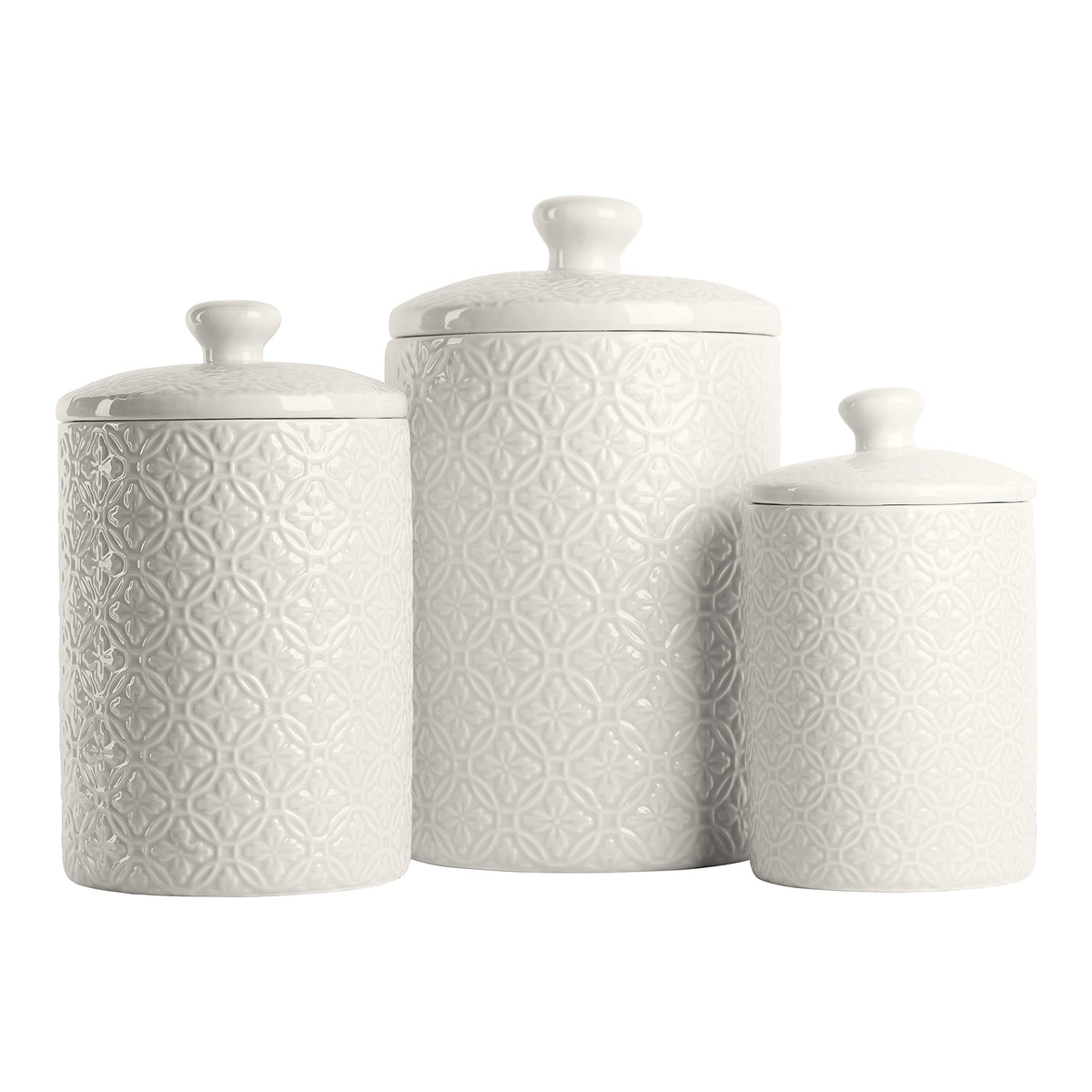 10 Strawberry Street embossed canister with airtight lid for fresh pantry storage.