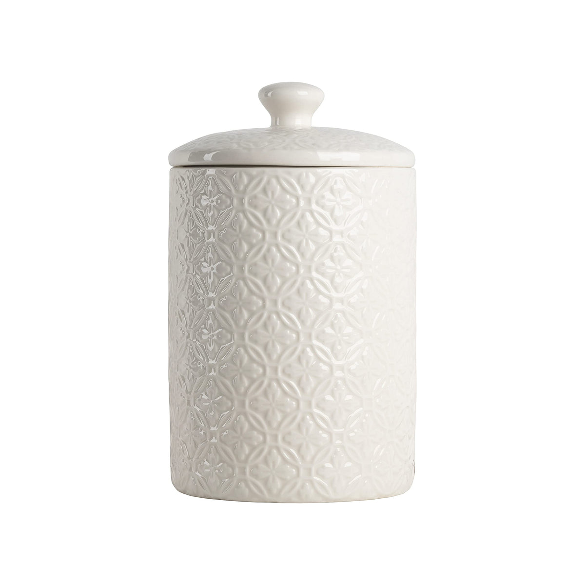 10 Strawberry Street Hampton White embossed lid with knob adds easy access.