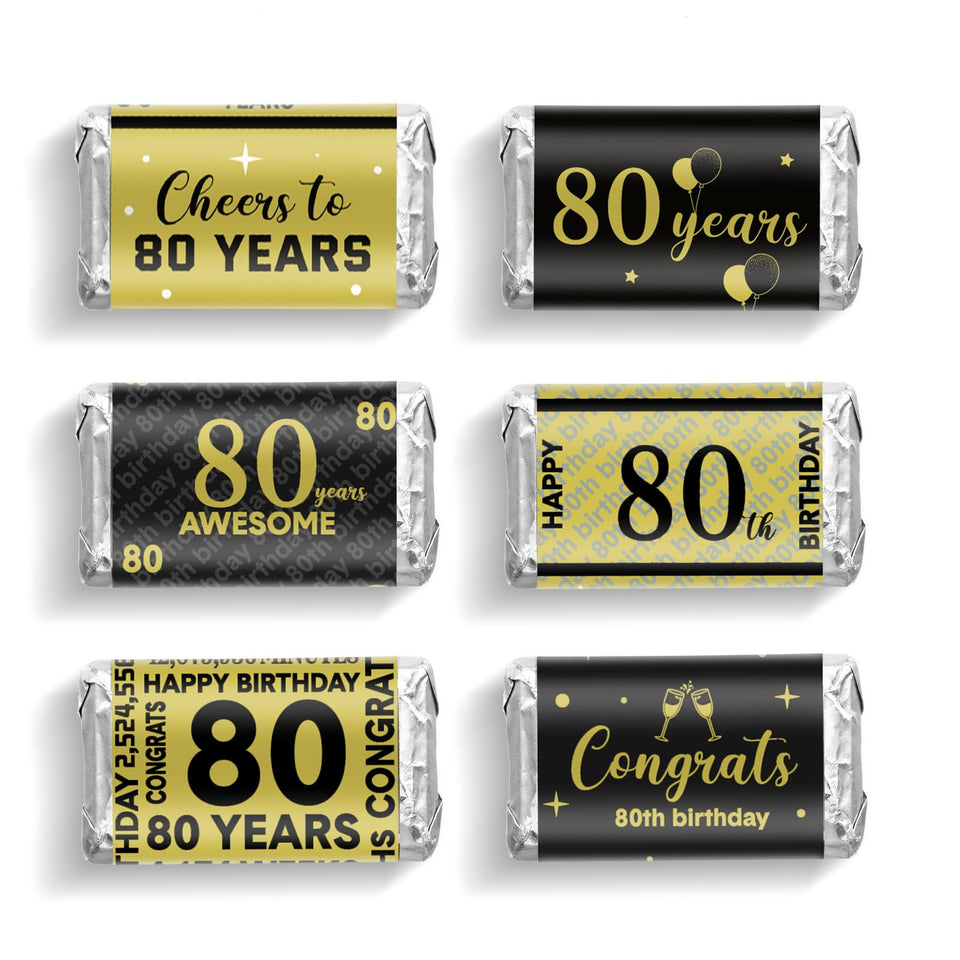Tenare 80th birthday stickers in black and gold for elegant party favors