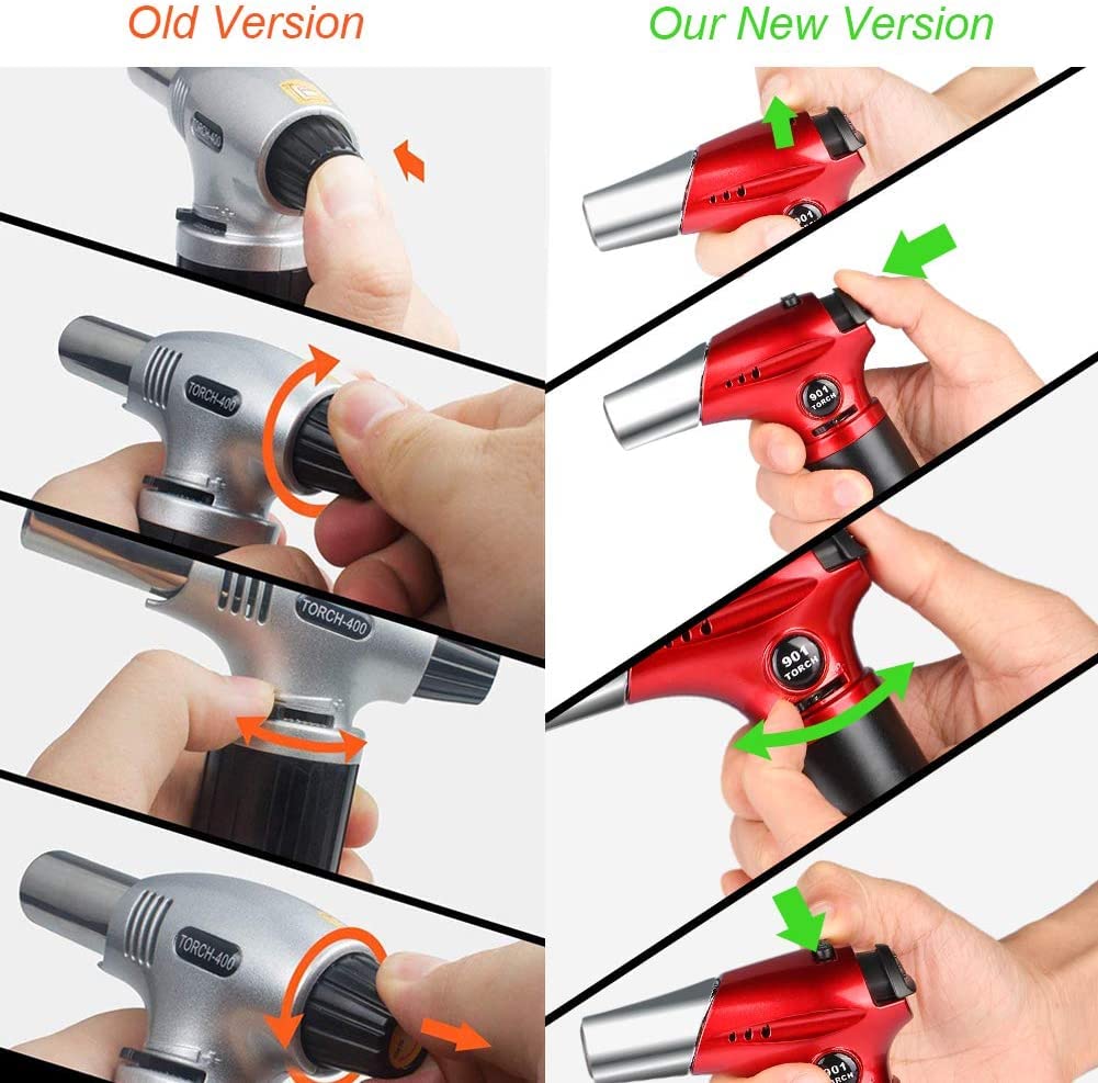 Tencoz blow torch with piezo ignition for quick, reliable lighting