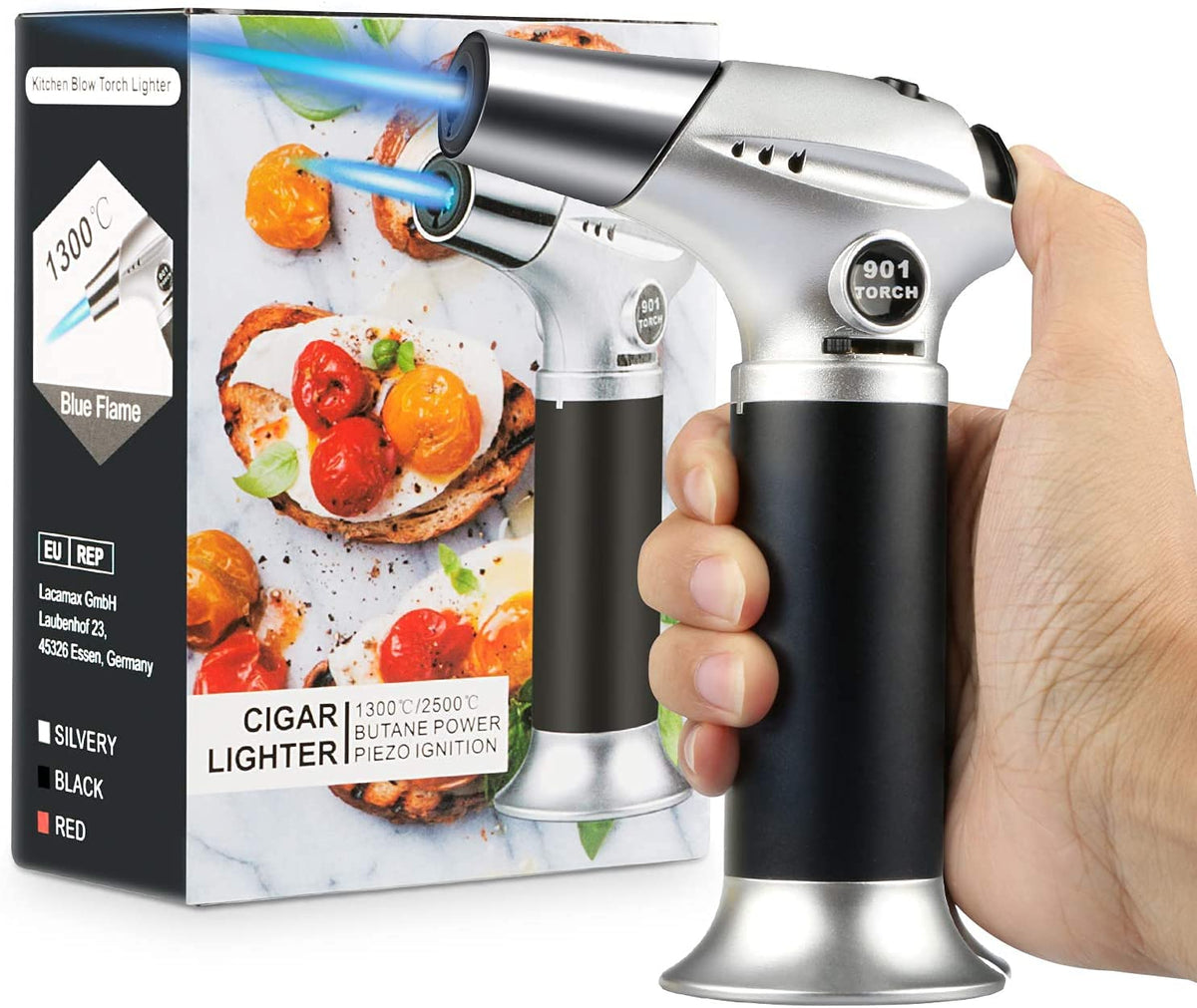 Tencoz blow torch with precision flame for caramelizing desserts.