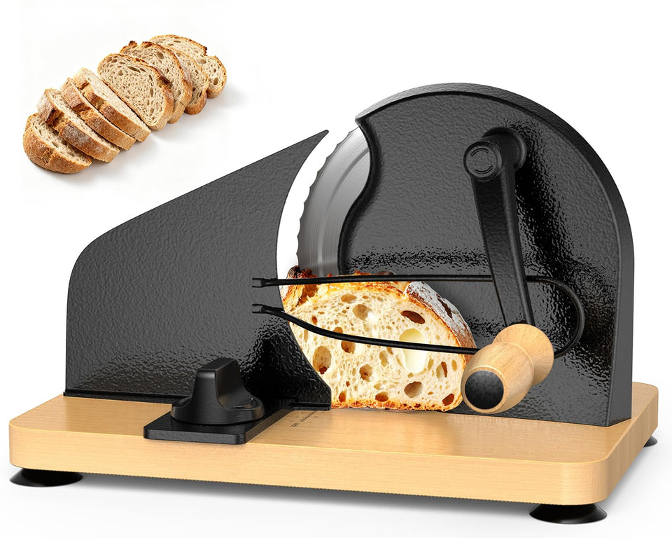 TENGIZUOHZ upgraded bread slicer with adjustable thickness dial for precise cuts.